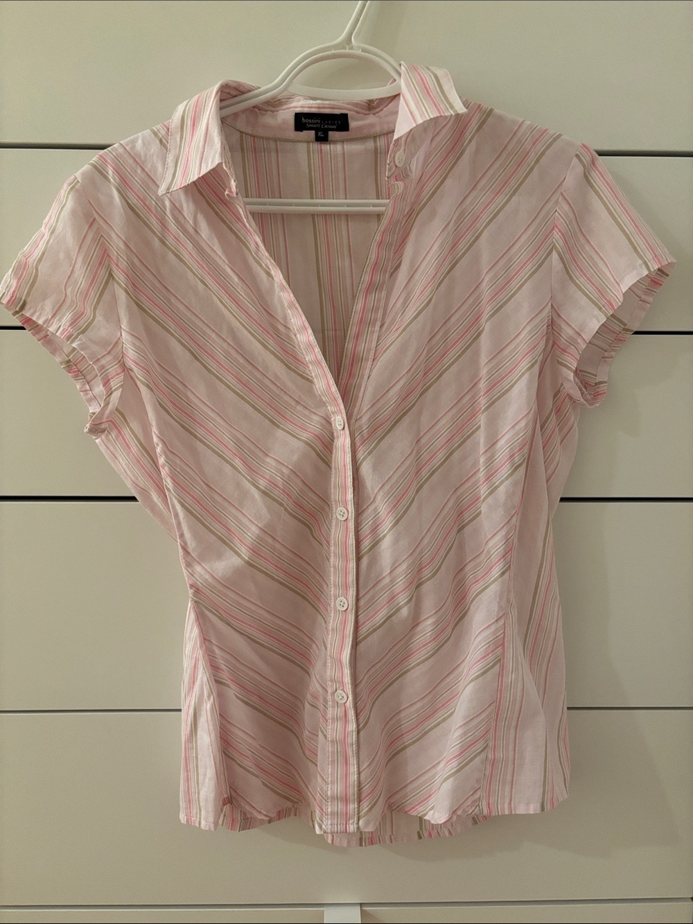 Vintage Bossini Pink and White Striped Short-Sleeve Button-Down Shirt
